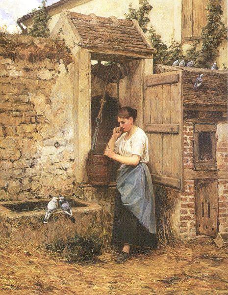 Mosler, Henry Peasant Girl and Doves Norge oil painting art